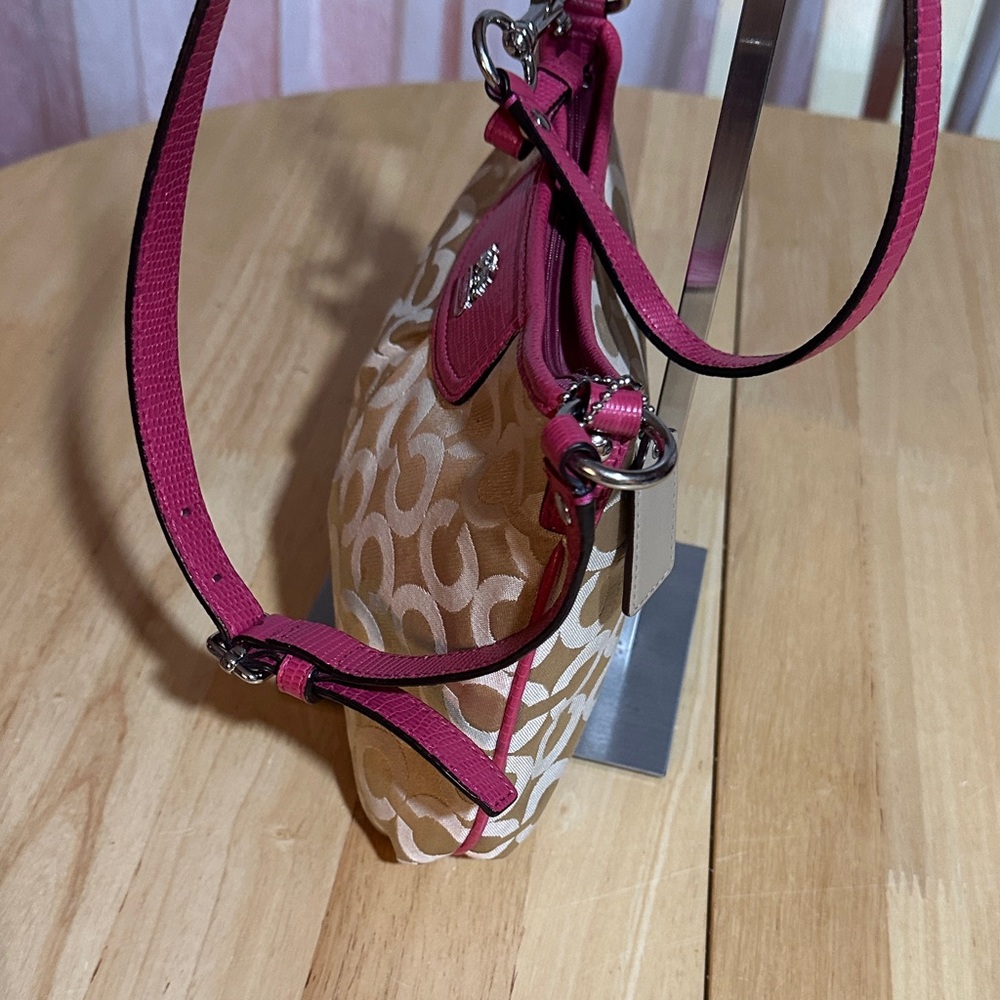 Coach Signature Canvas Crossbody Bag in Khaki/Hot Pink - Picture 2 of 10